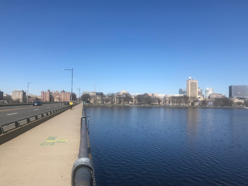 perspective from the Harvard Bridge looking towards Cambridge, Smoot measurement marking near the foreground